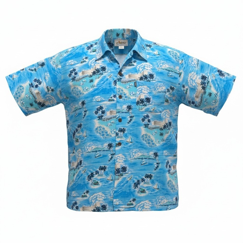 VINTAGE Pineapple Connection Hawaiian Shirt Mens XL Blue Tropical Camp Button Up